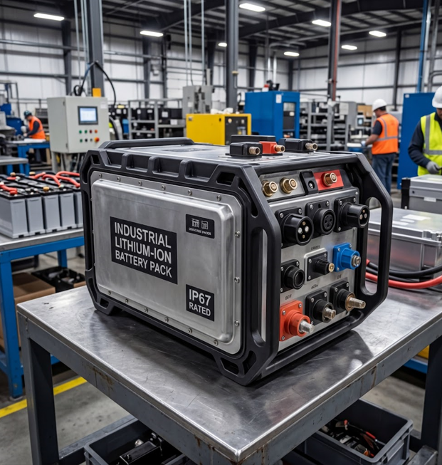 IP67-rated industrial lithium ion battery pack with connectors and terminals in a manufacturing facility