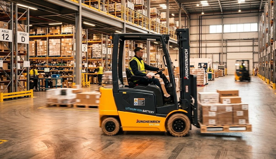 Electric forklift powered by lithium ion battery operating in industrial warehouse — a common LFP fleet application
