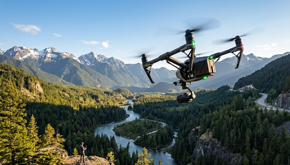 LiPo battery powered drone flying over mountain valley — a common application where lightweight lithium polymer batteries are preferred