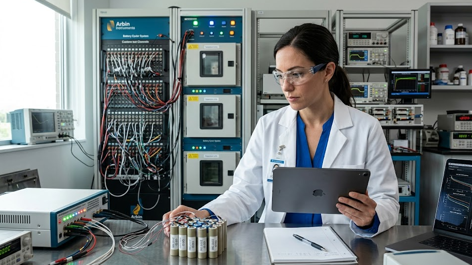 Battery engineer testing lithium phosphate battery cells on tablet in a professional laboratory with cycle testing equipment