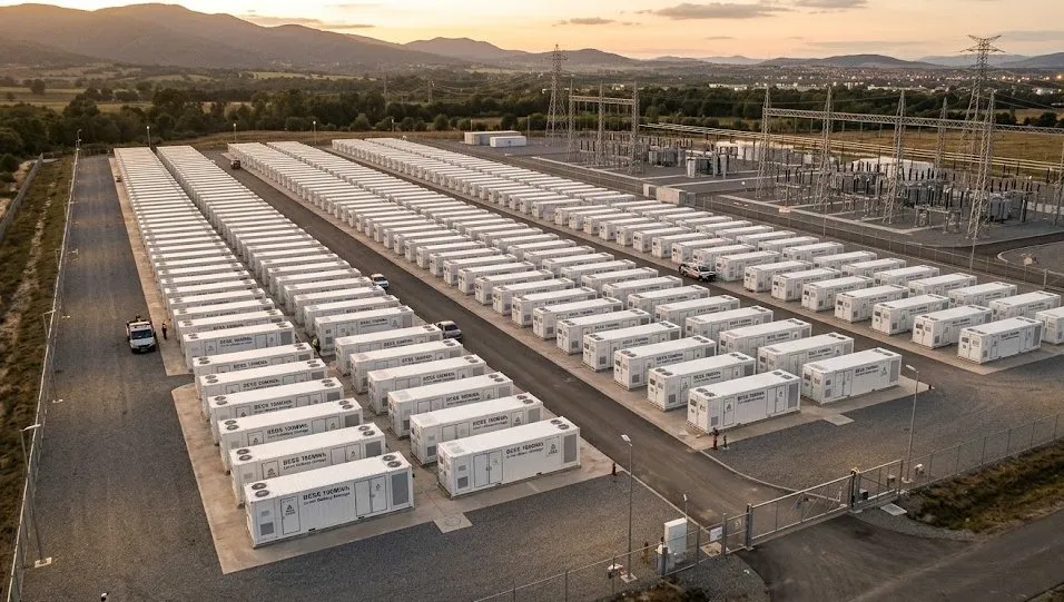 Large-scale lithium phosphate battery energy storage system with rows of LFP cabinets next to power grid substation