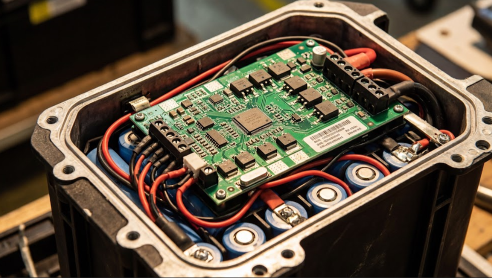 BMS circuit board mounted inside a lithium ion battery pack enclosure with cells visible underneath