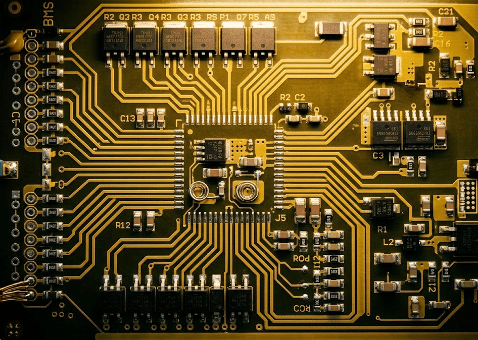 Close-up of 12V LiFePO4 battery pack BMS circuit board showing thermal monitoring sensors and protection circuitry for industrial applications