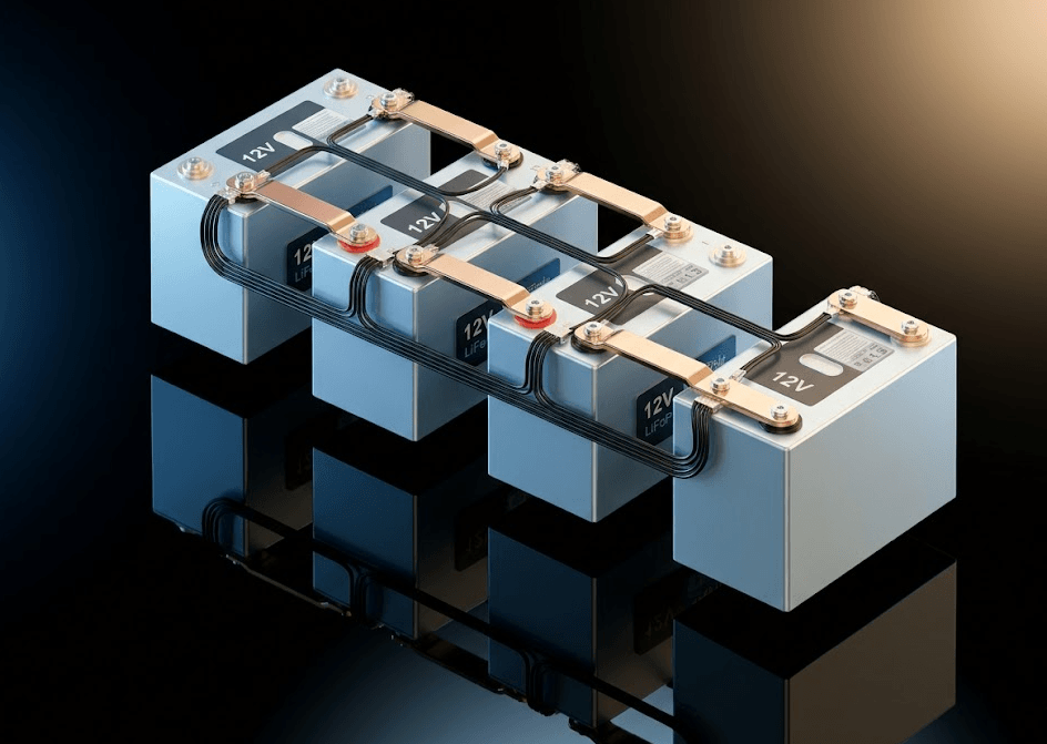 Four 12V LiFePO4 battery packs connected in series configuration forming a 48V industrial UPS battery bank with copper bus bars and BMS wiring