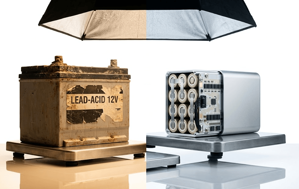 Side-by-side comparison of 12V LiFePO4 battery pack versus lead-acid total cost of ownership over 10 years for industrial AGV and UPS applications
