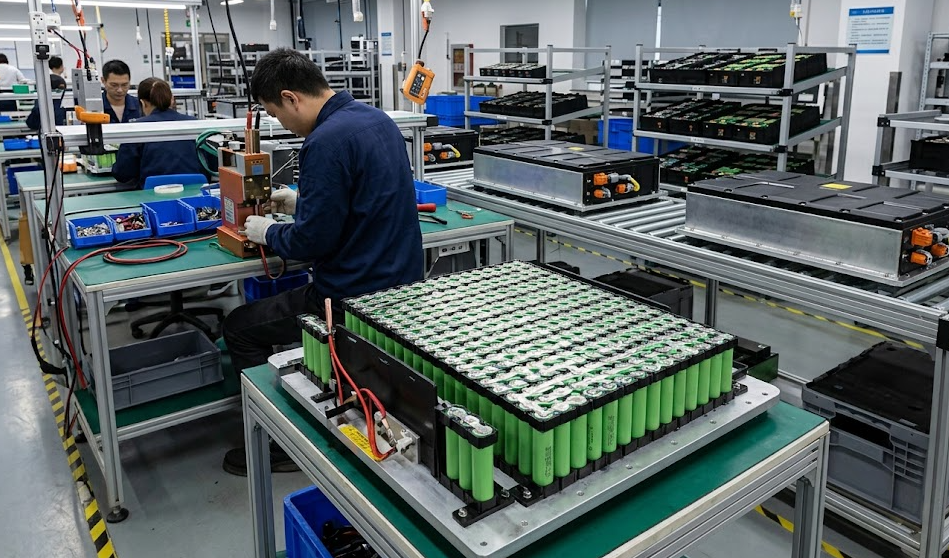 Workers assembling 18650 lithium ion battery packs on production line in industrial manufacturing facility