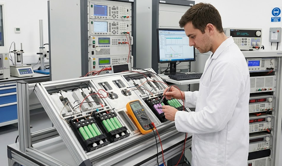 Technician testing 18650 lithium ion battery cells with multimeter in professional battery testing laboratory
