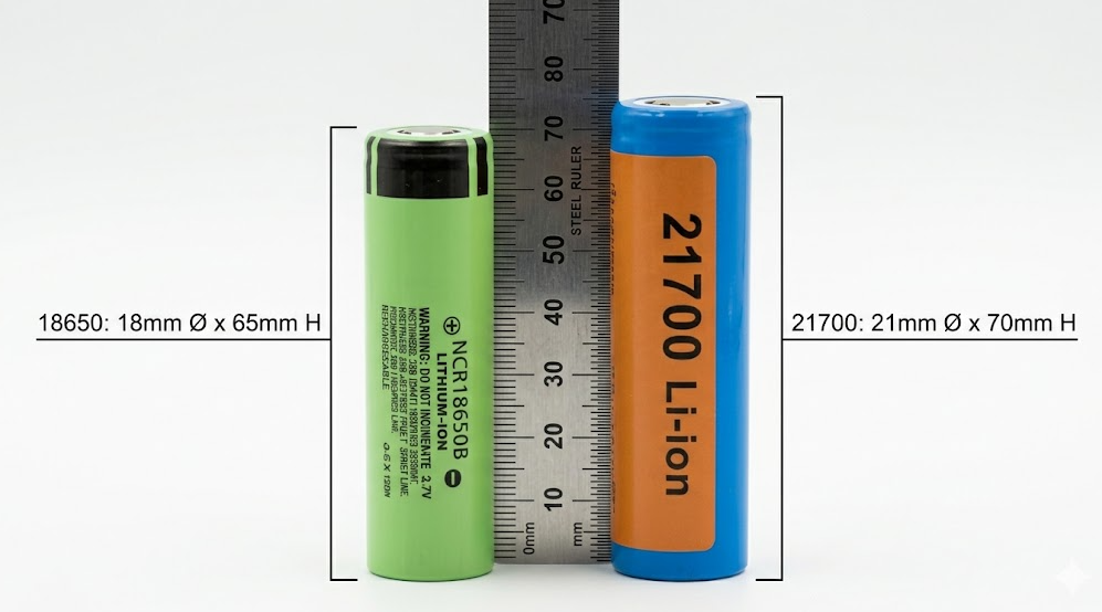 18650 lithium ion cell and 21700 cell size comparison with steel ruler showing 18mm x 65mm vs 21mm x 70mm dimensions