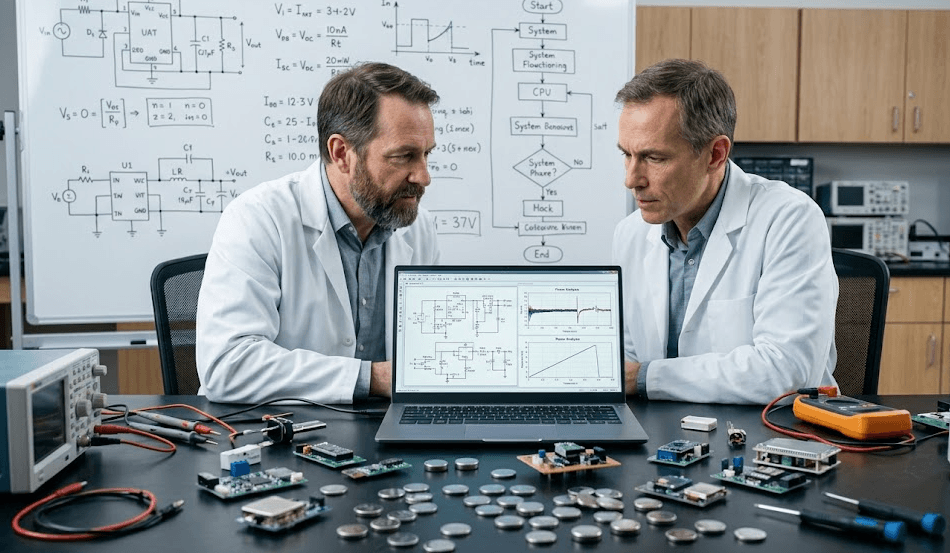 Engineering team reviewing CR2025 vs CR2032 pulse discharge performance data for BLE IoT device design