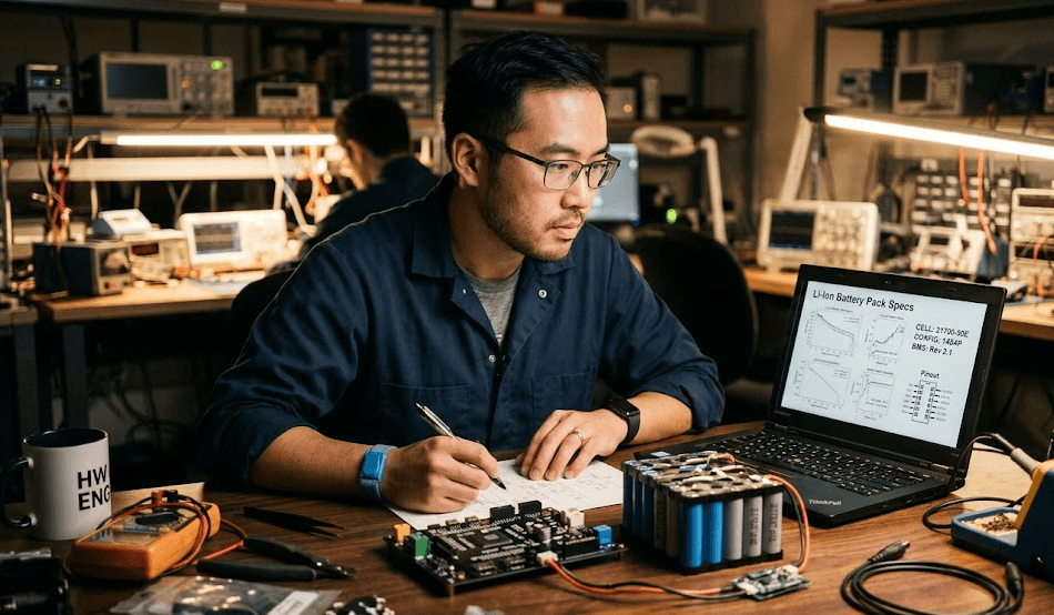 Custom cylindrical battery options — 18650 and 21700 cells with BMS circuit board and wire harness connectors