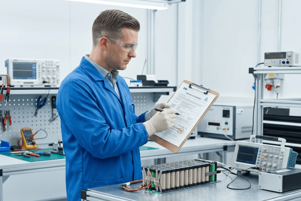 Quality engineer reviewing UN38.3 and IEC 62133 certification documents for custom cylindrical battery pack