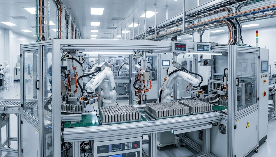 Automated robotic arms assembling cylindrical lithium battery cells on production line in modern battery manufacturing plant