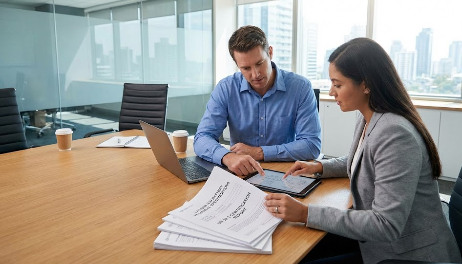 Engineer and client reviewing cylindrical lithium battery technical specifications and UN38.3 certification documents in office meeting