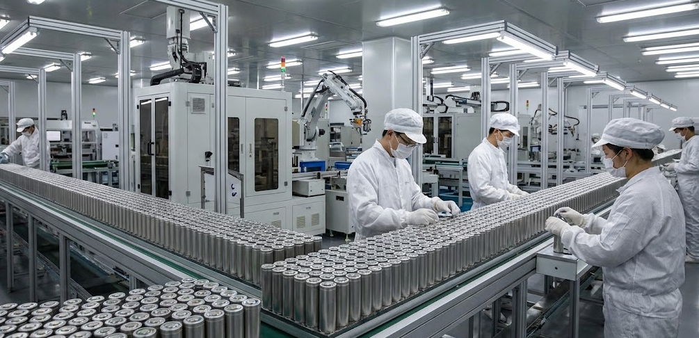 Workers in cleanroom suits inspecting cylindrical lithium battery cells on production line at a battery manufacturing facility