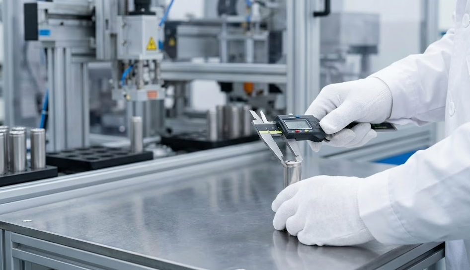 Technician measuring cylindrical lithium battery cell dimensions with digital calipers in battery manufacturing quality control lab