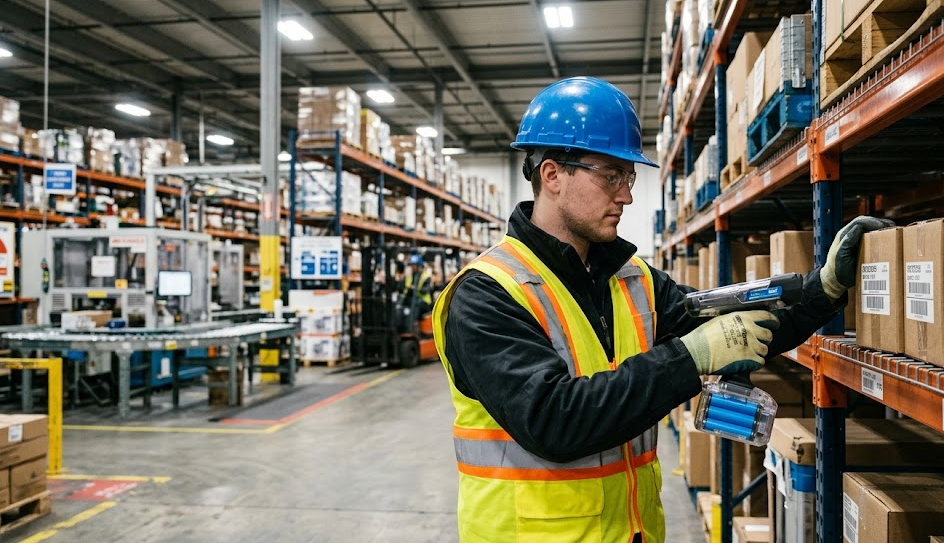 Industrial worker using cylindrical battery powered equipment in manufacturing facility