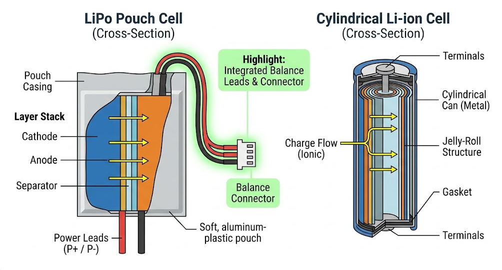 charging diagram showing CC/CV algorithm difference between standard li-ion and li-ion polymer battery with balance leads
