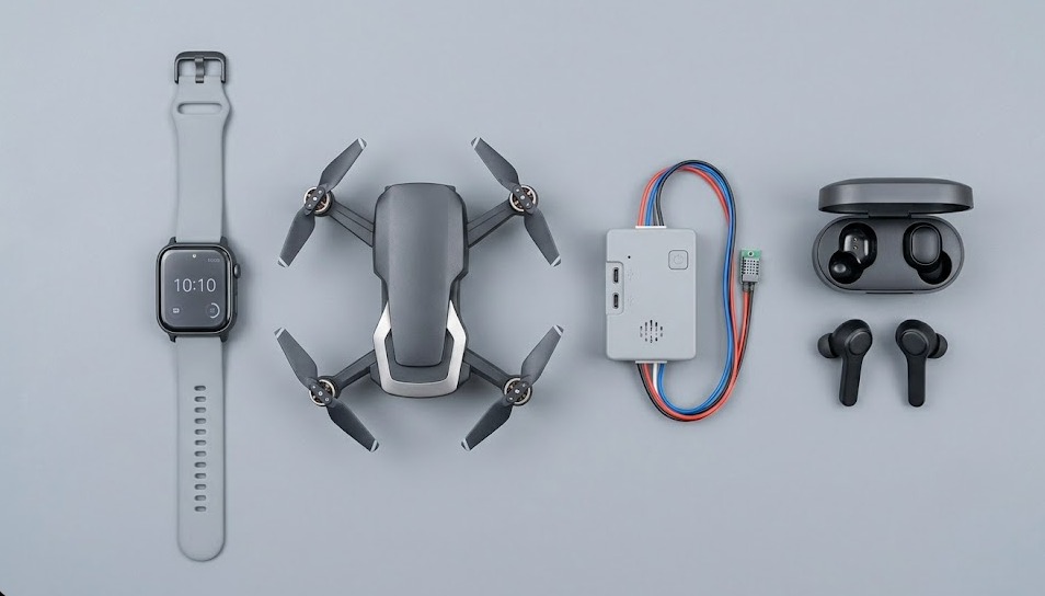 Collection of compact electronic devices powered by li polymer batteries including a smartwatch, drone, and IoT sensor module
