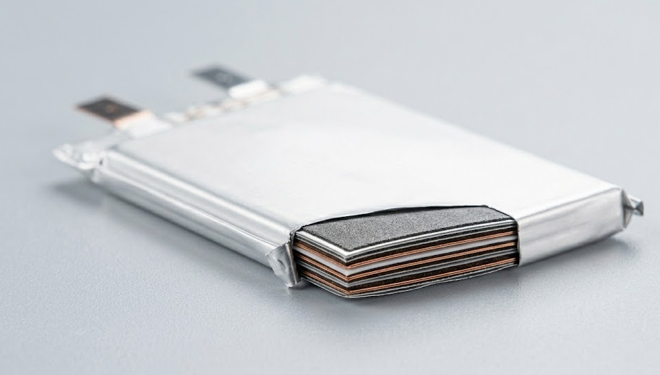 Close-up cross-section view of a li polymer battery pouch cell showing flexible aluminum laminate layers and stacked electrode structure