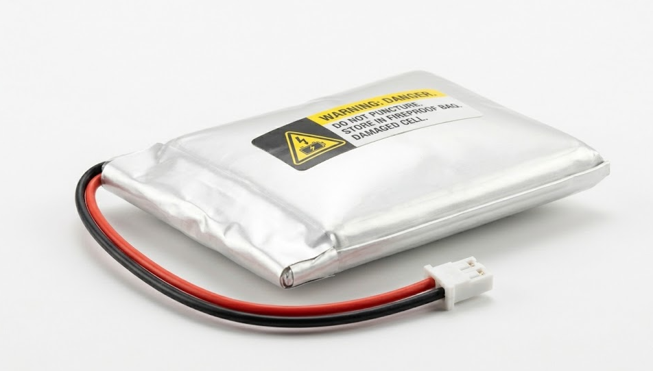 swollen li-ion polymer battery pouch cell showing puffing effect caused by overcharging