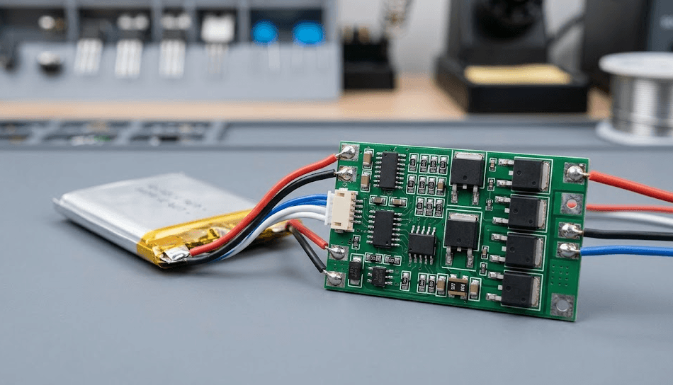 Battery management system PCB board connected to lithium battery cells showing protection circuit components