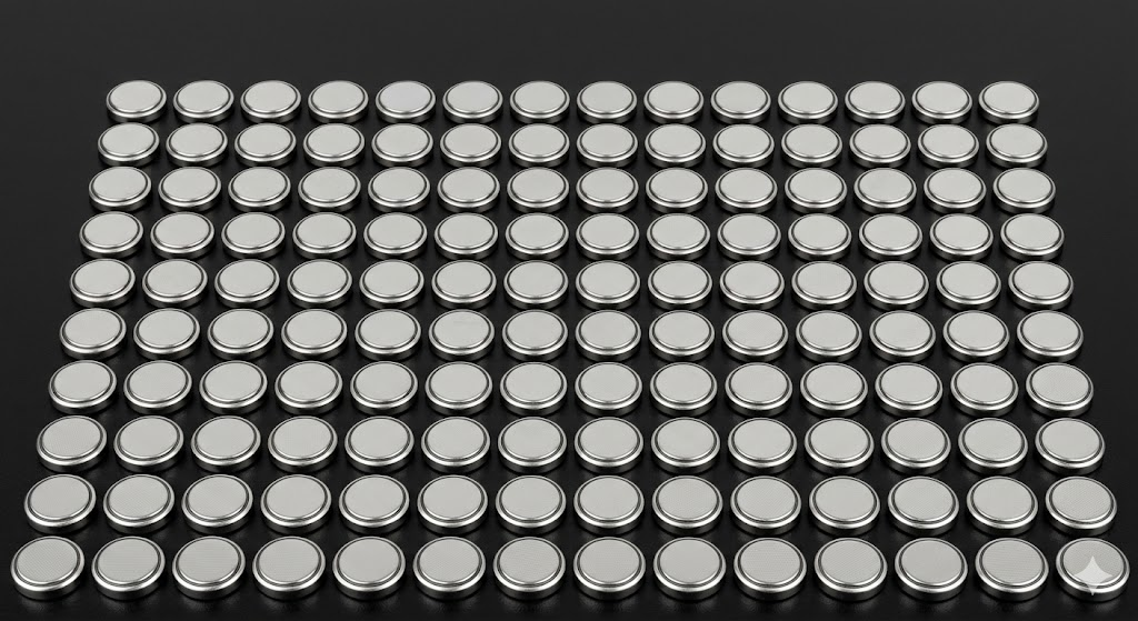 Dozens of small round silver lithium coin cell batteries arranged in neat rows on a dark surface, photographed from slightly above. Industrial product photography style, even lighting, sharp focus. No text.