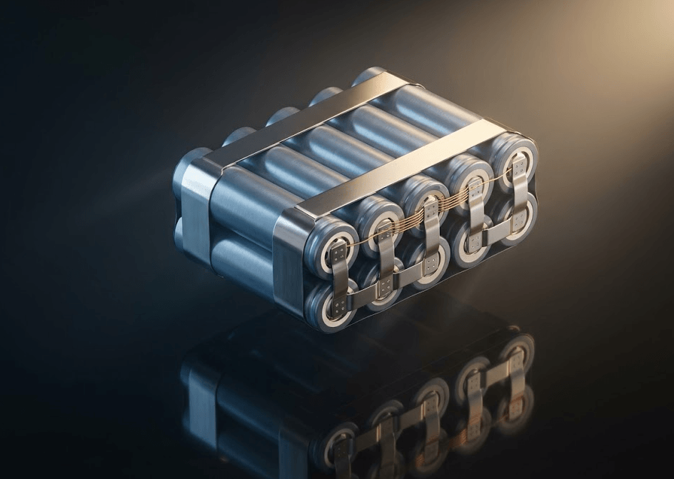 Beautifully lit isometric view of a 4S3P lithium ion cell pack showing 12 cylindrical cells with polished nickel bus bars and precision copper interconnects