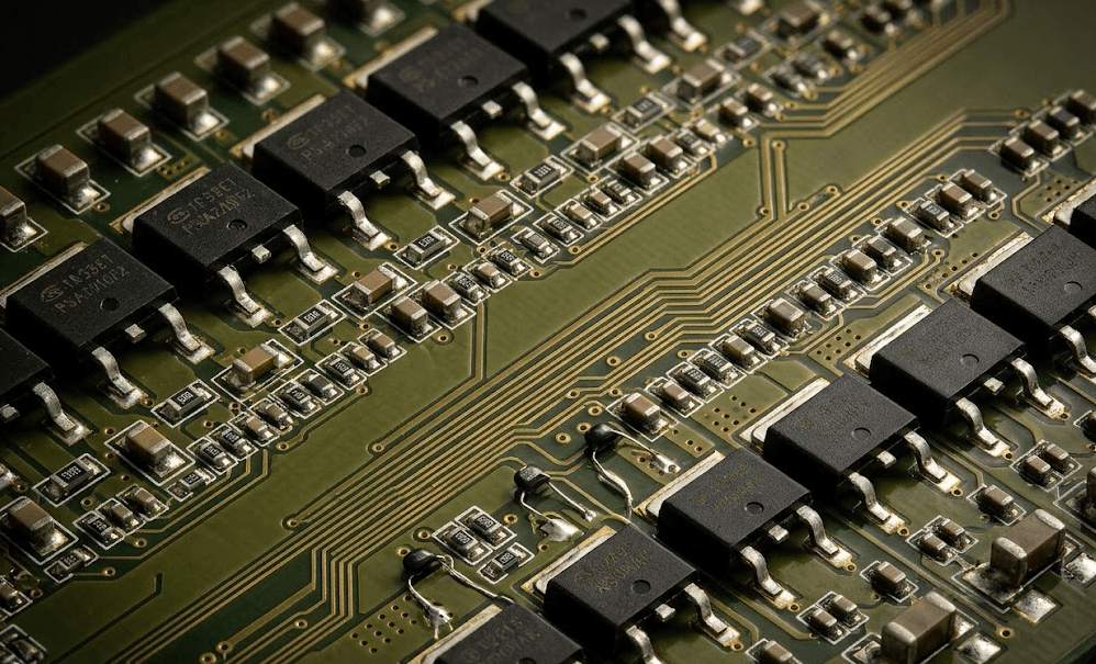 Macro detail of an industrial BMS circuit board with golden PCB traces, MOSFET components, and NTC thermistors under dramatic raking studio ligh