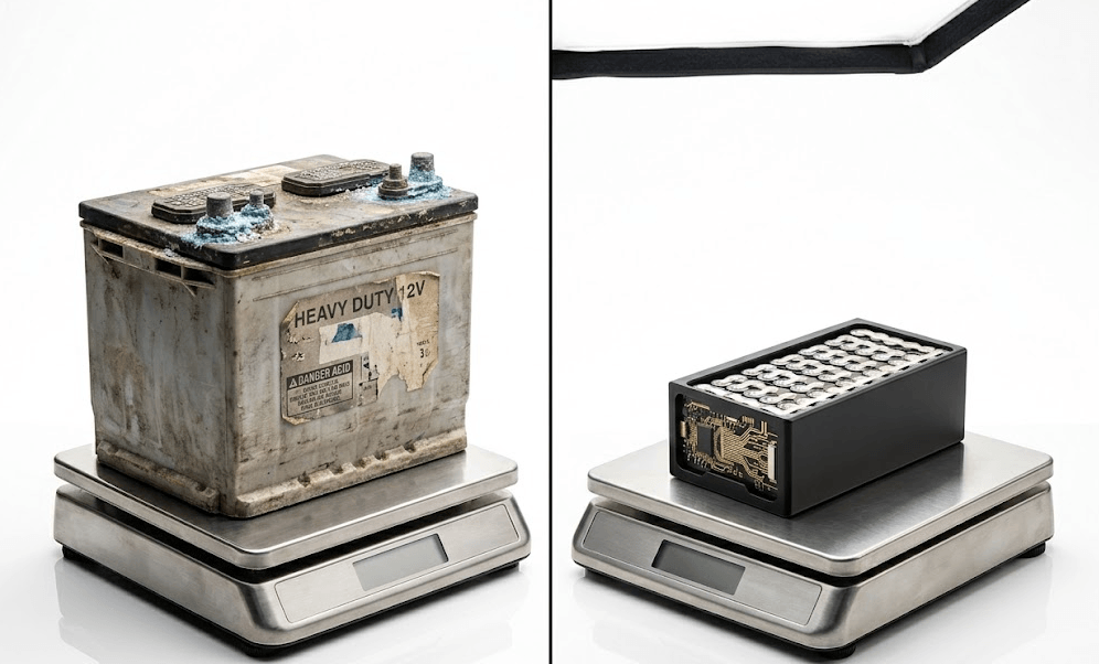 Dramatic weight and size comparison between a compact lithium ion cell pack and a bulky lead-acid battery on a precision scale, studio lighting on white surface