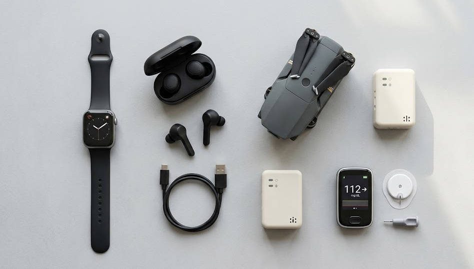 Devices powered by lithium ion polymer batteries including smartwatch, earbuds, drone, IoT sensor and medical monitor
