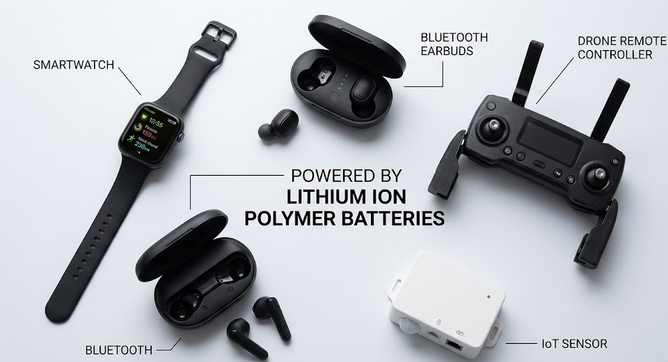 Consumer electronics including smartwatch, earbuds and drone powered by lithium ion polymer batteries