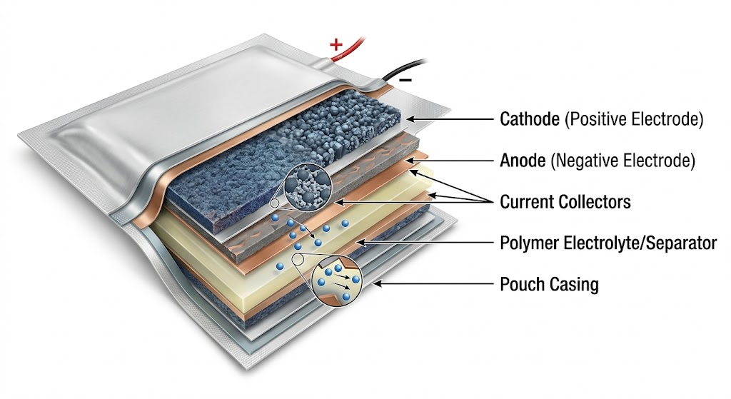 Internal structure of a lithium ion polymer battery showing polymer electrolyte and pouch cell layers