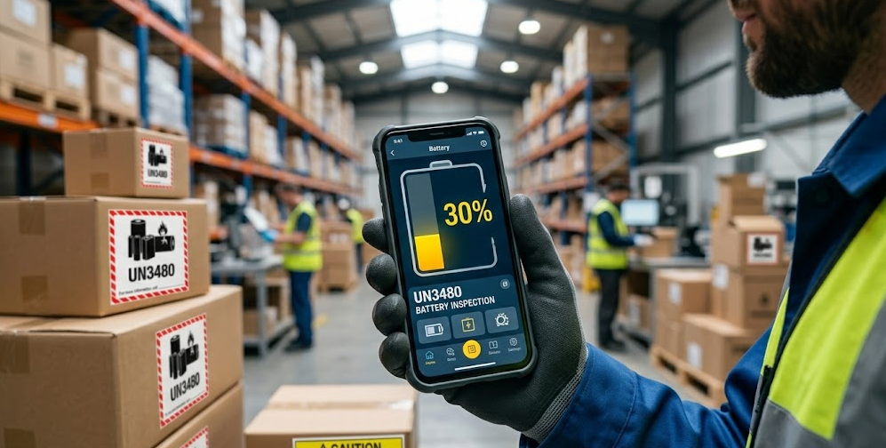 Smartphone showing 30% battery charge level, representing the 2026 IATA state of charge limit for lithium polymer battery shipping