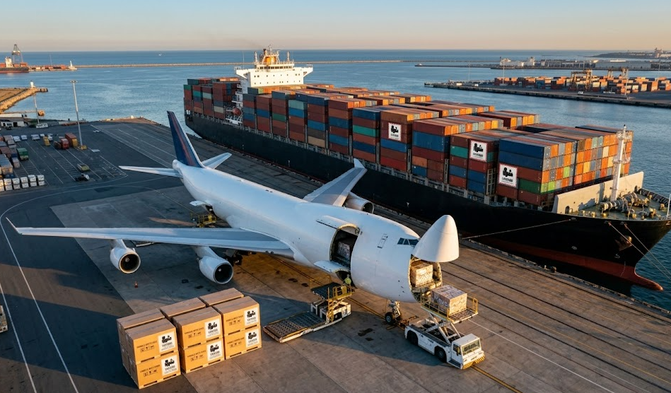 Cargo aircraft and container ship representing air freight and sea freight options for shipping lithium polymer batteries
