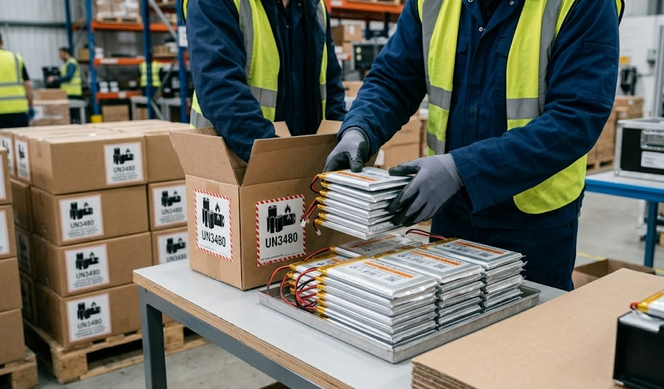 Worker packaging lithium polymer batteries with UN hazard labels and lithium battery warning marks for compliant international shipping