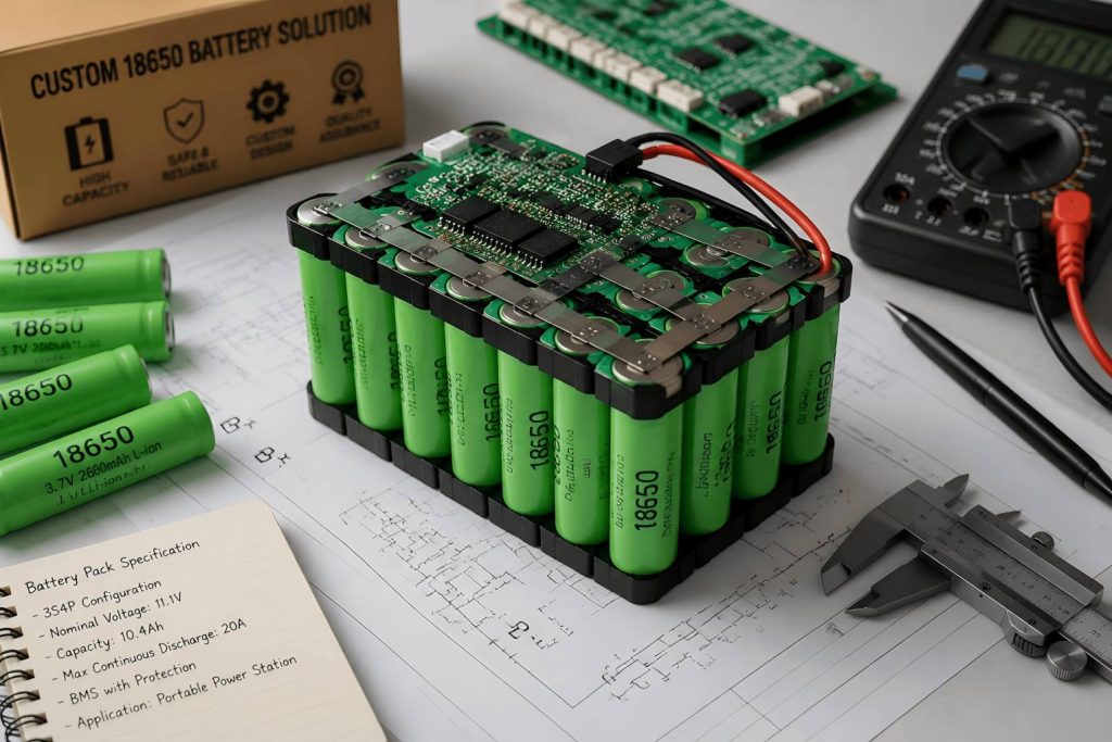 Custom 18650 cylindrical battery pack assembly with technical components and drawings