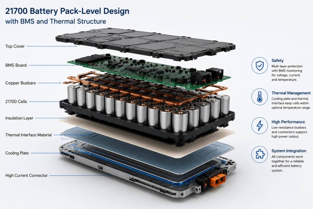 21700 battery pack-level design with BMS and thermal structure