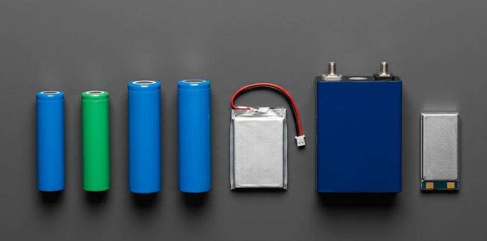 Different lithium battery cell types including 18650 cylindrical cells, LiPo pouch cells, and LiFePO4 prismatic cells arranged for comparison
