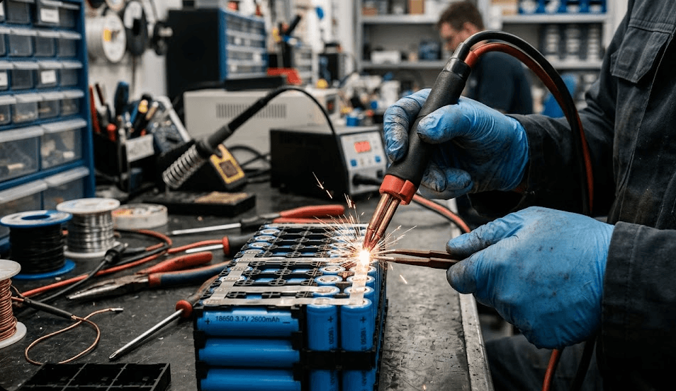 Technician performing spot welding on lithium battery cells with nickel strips during battery pack assembly