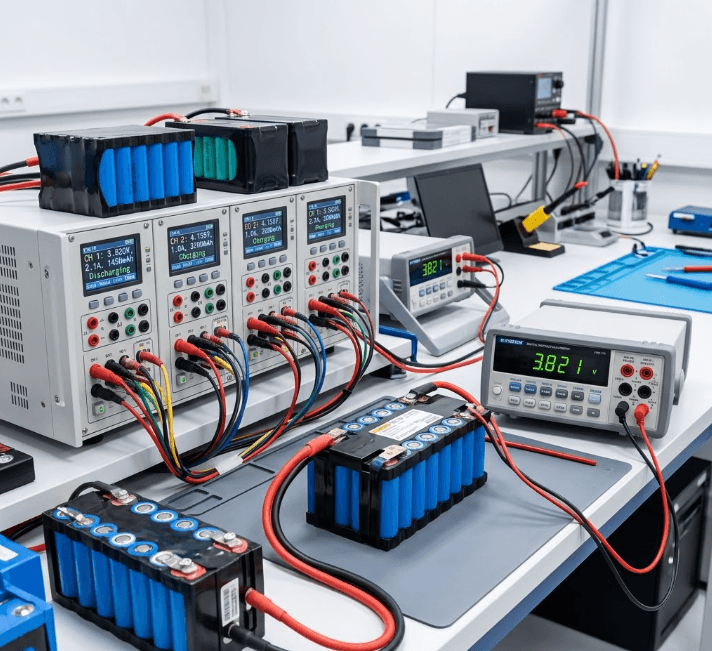 Battery pack quality testing setup with multimeter, charge-discharge tester, and completed lithium battery packs on a lab workbench