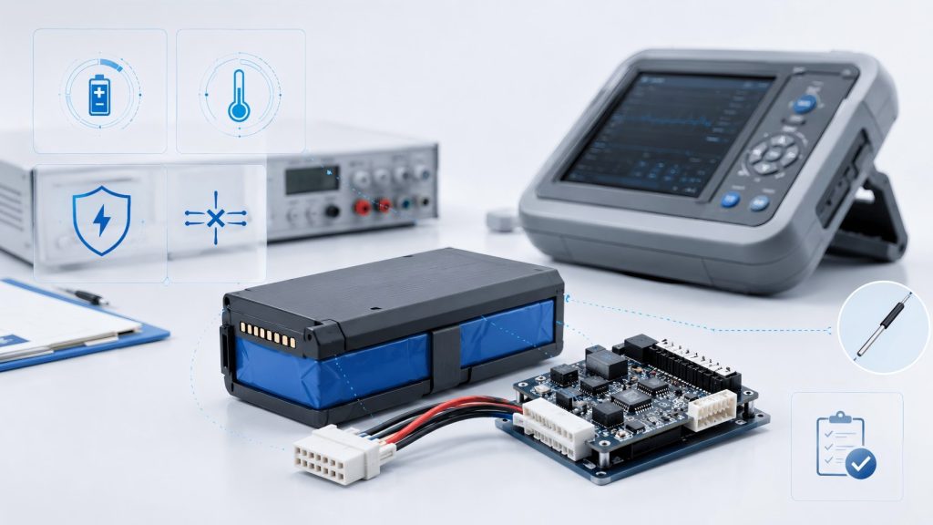 BMS safety protection for portable diagnostic equipment battery packs with connector and testing components