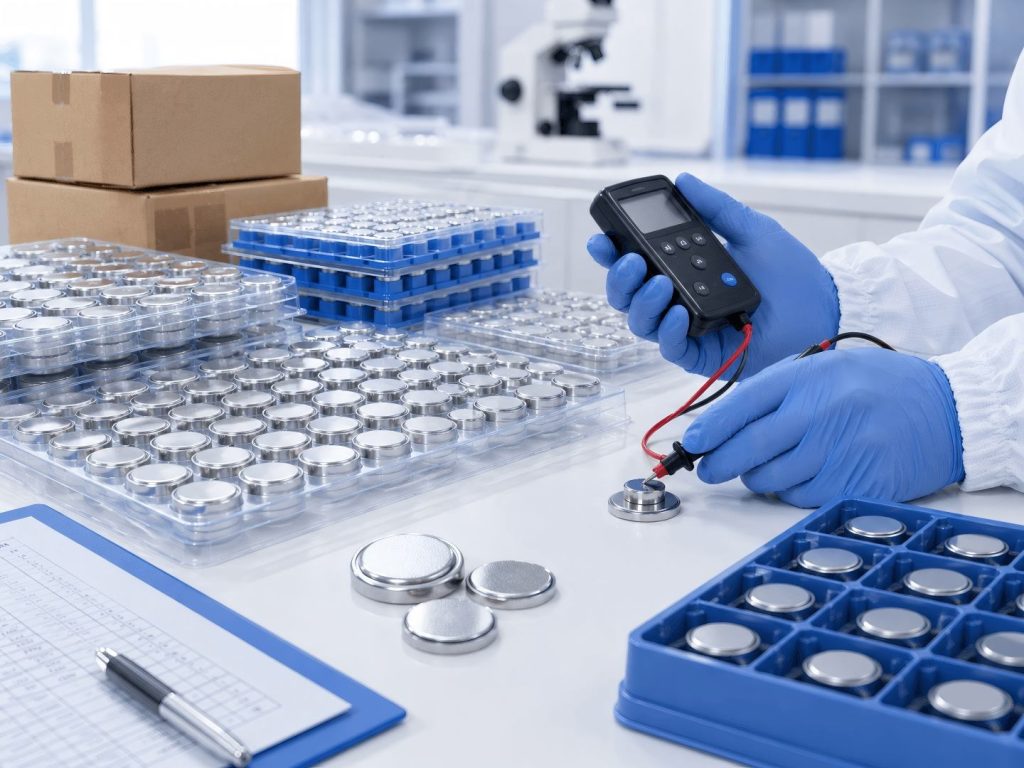 Technician testing button batteries for batch consistency and voltage stability
