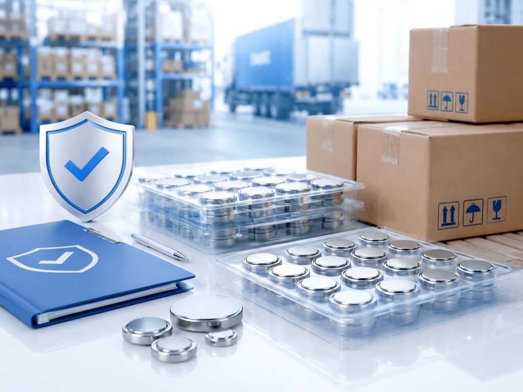 Button batteries in protective packaging with shipping cartons and safety support documents