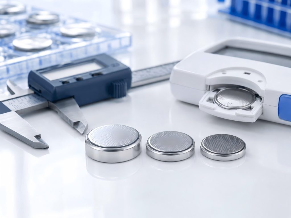 Button battery size comparison with caliper and device battery compartment