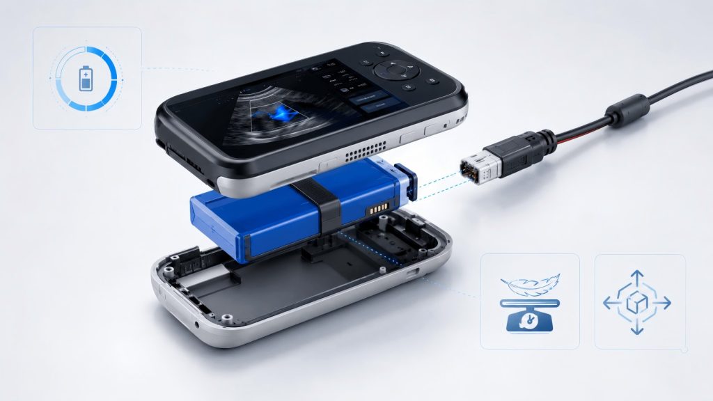 Compact portable diagnostic equipment battery pack designed to fit inside a handheld medical device