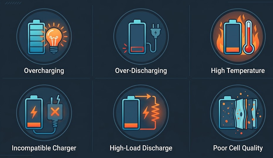 Animated diagram showing six common causes of LiPo battery swelling including overcharging, high temperature, and poor cell quality