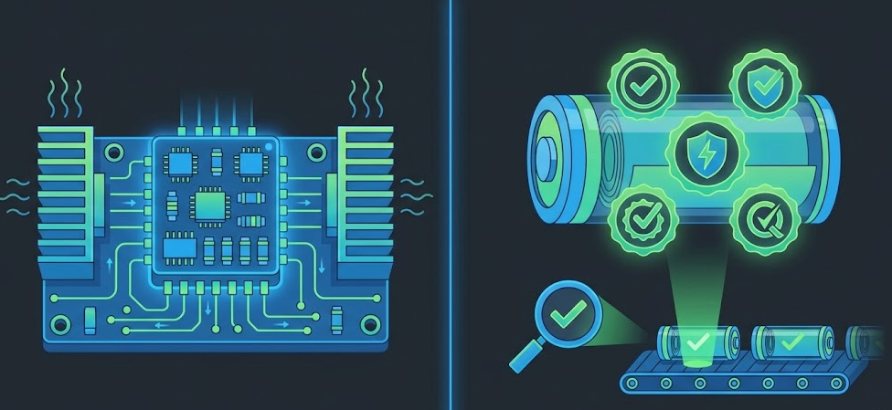 Technical illustration of LiPo battery swelling prevention methods including BMS protection circuit, thermal management design, and cell quality verification