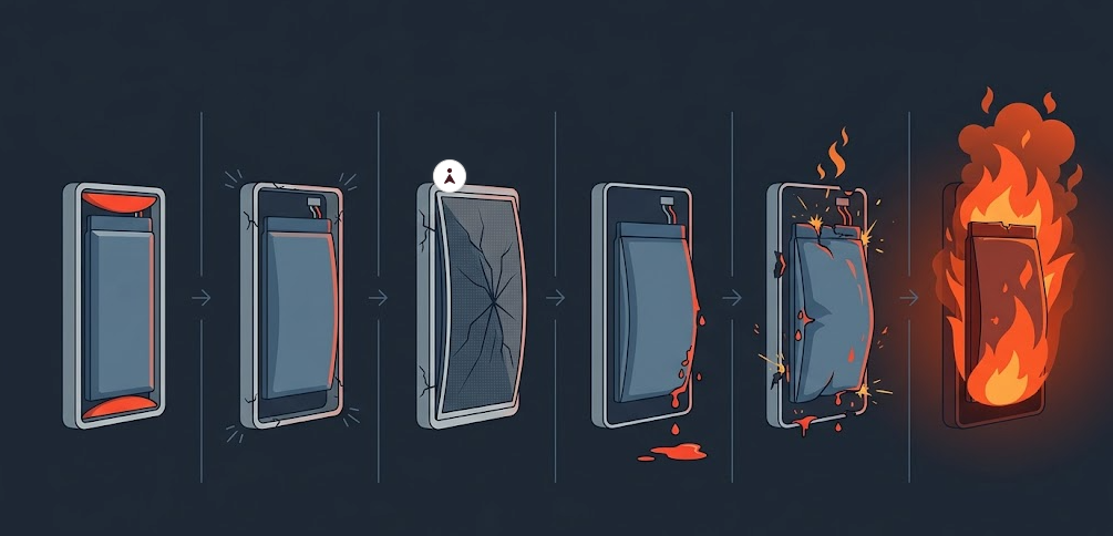 Illustration showing the progressive damage from a swollen LiPo battery, from cracked housing to thermal runaway