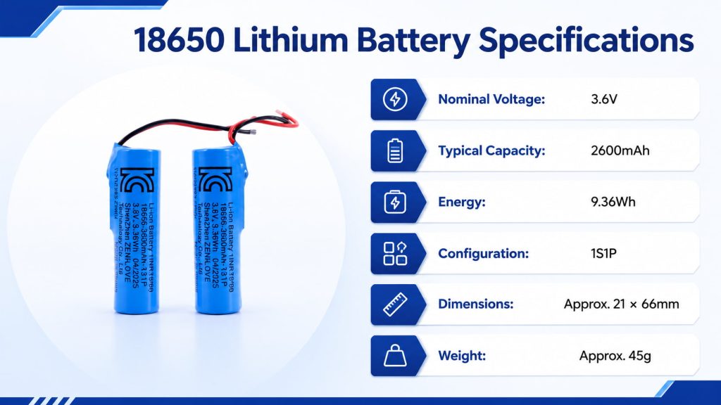 18650 Cylindrical Lithium Battery 2600mAh, 3.6V2