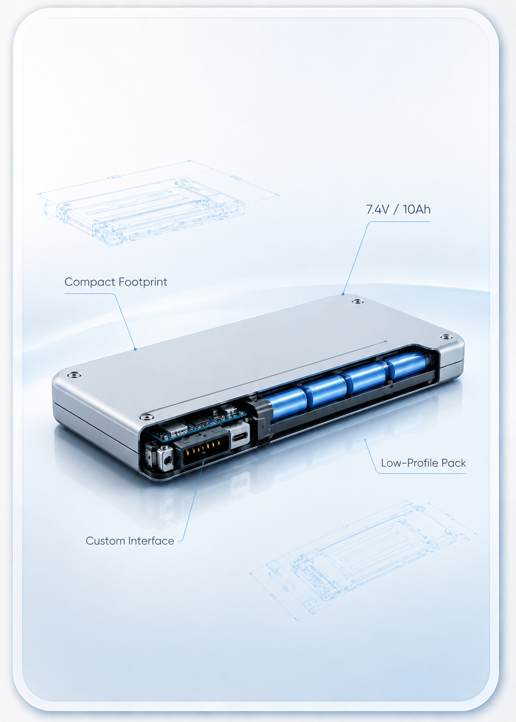 Low-profile 7.4V 10Ah custom battery pack with compact enclosure